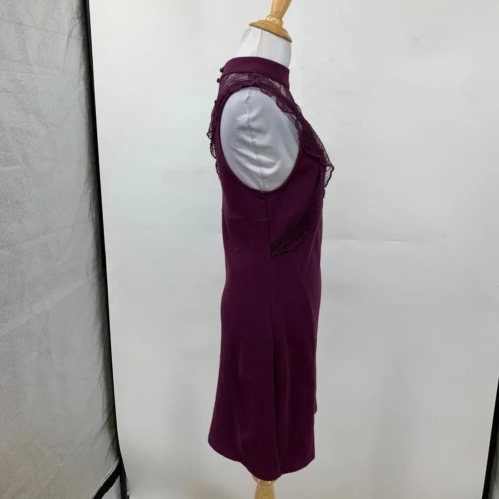 Free People Dress Women M Medium Eggplant Beaumont Muse Ruffled Lace Trim Sheath